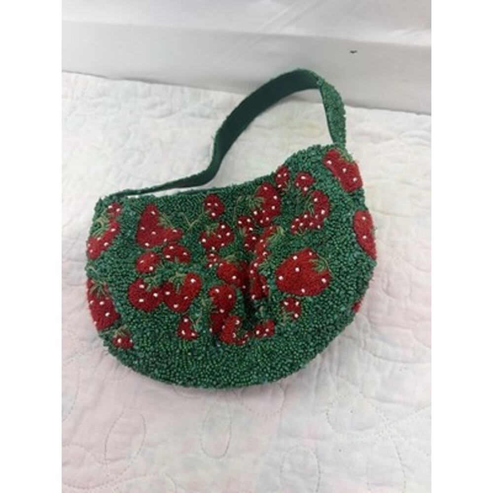 Green Red Strawberry Beaded Sequin Lined Bag Purse Snap Silver cutesy feminine - Picture 4 of 14